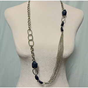 VTG Chicos Statement Necklace Mod Dark Blue Silver Tone Glam 38" Event Dressy